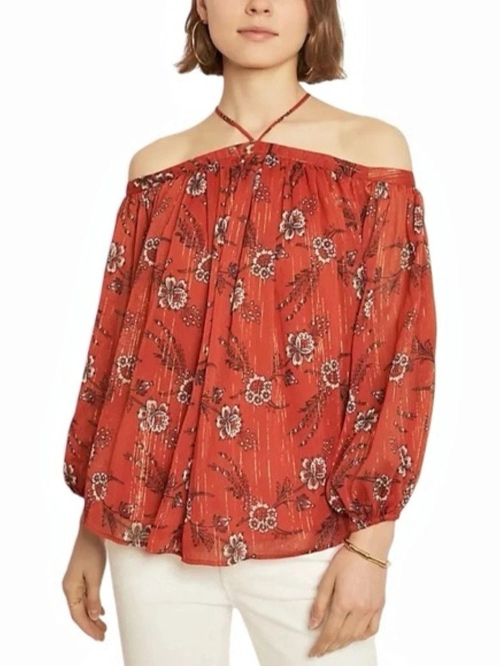 Ann Taylor Rust Red Metallic Floral Off Shoulder Halter Blouse Top Blouse Small